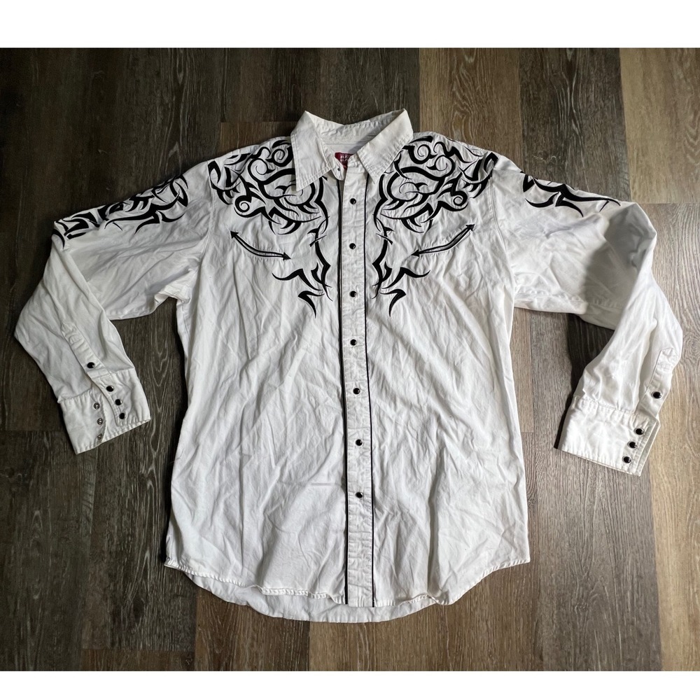 Red Ranch Western Snap Shirt Mens 1XT White Black Tribal Graphic Print